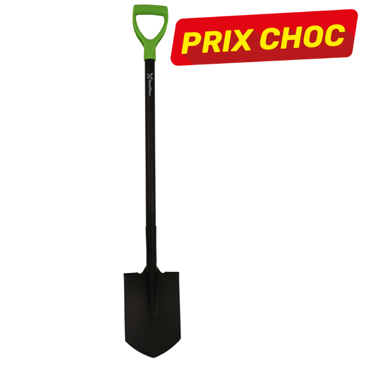 Long-handled garden spade with green D-handle and black shaft and blade on white background, red 'PRIX CHOC' sale banner