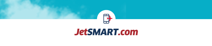 JetSMART logo with mobile booking icon and red aeroplane on turquoise cloud background