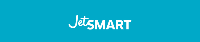 White JetSMART wordmark logo centred on a turquoise background, branding for the JetSMART airline