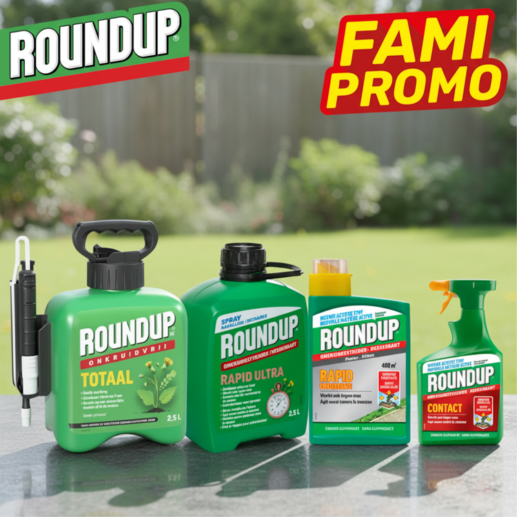 Four green Roundup herbicide containers (Totaal, Rapid Ultra, Rapid concentrate, Contact) on a patio with a blurred garden background and Fami Promo banner