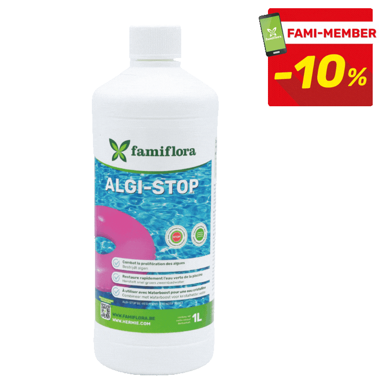 Famiflora Algi-Stop algaecide bottles 1L and 5L shown with Fami-Member -10% discount badge