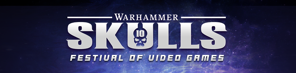 Warhammer SKULLS - Festival of Video Games logo: silver block text with skull emblem marked '10' inside the O on a purple cosmic background