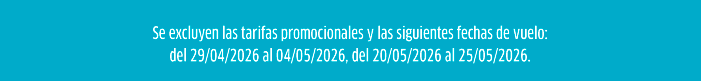 Notice: promotional fares excluded; blackout travel dates 29/04/2026–04/05/2026 and 20/05/2026–25/05/2026.