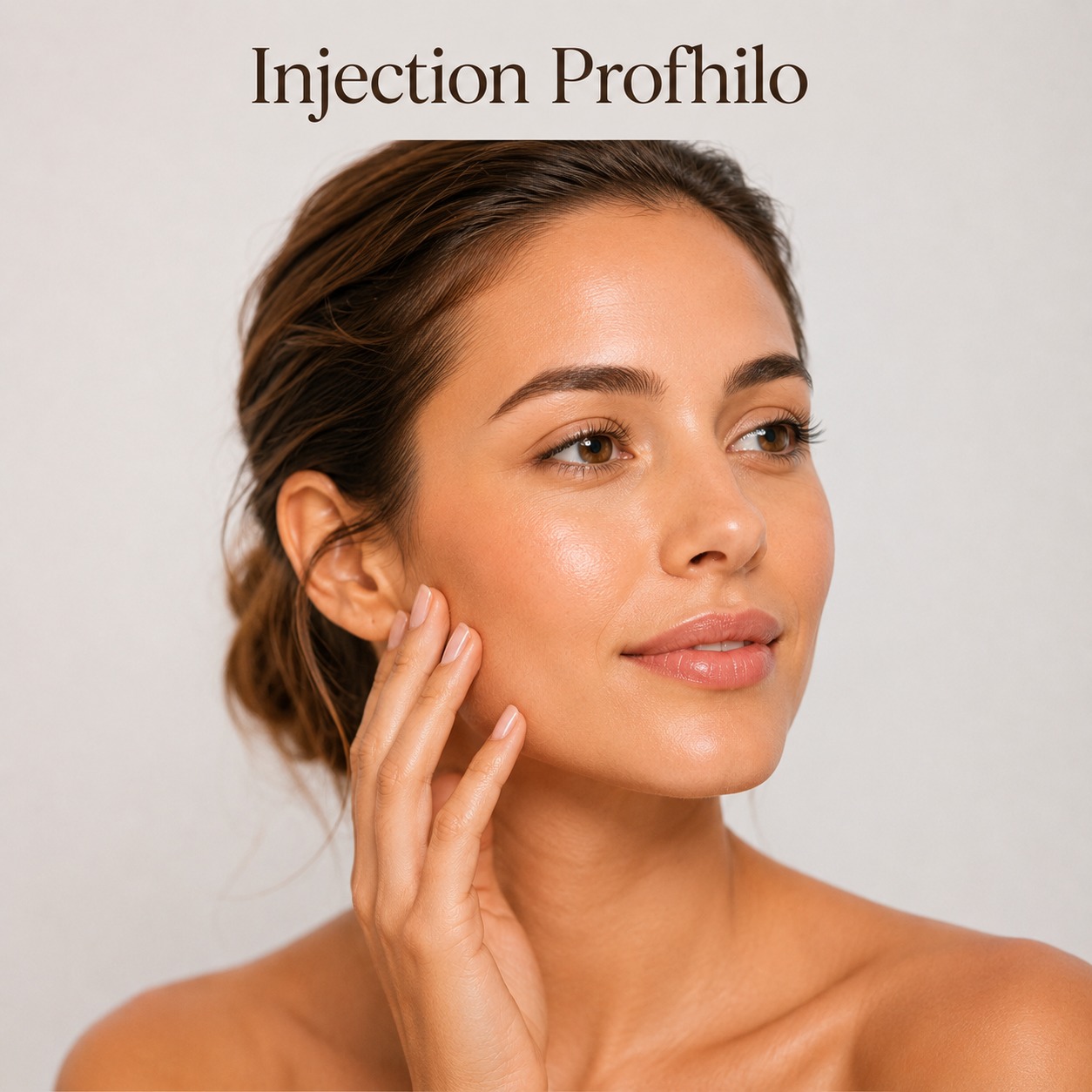 Close-up of a woman's radiant face touching her cheek, illustrating smooth skin after Profhilo injectable treatment
