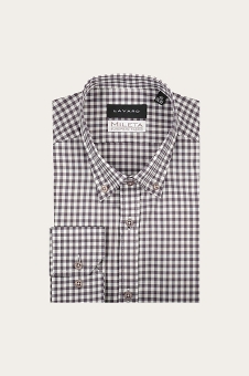 Folded men's brown and white gingham check button-down shirt with buttoned collar on a neutral background