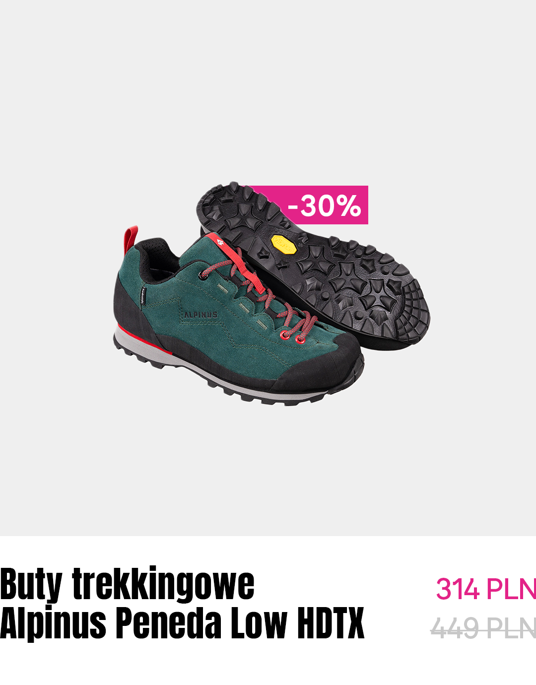 Green Alpinus Peneda Low DTX low-cut trekking shoes with red laces and rugged sole, 30% discount tag