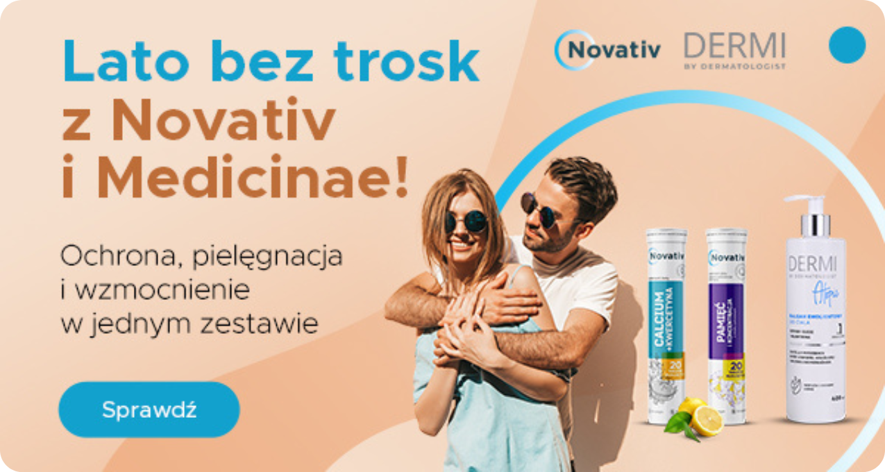 Para w okularach przeciwsłonecznych z produktami Novativ i Dermi do ochrony i pielęgnacji skóry latem