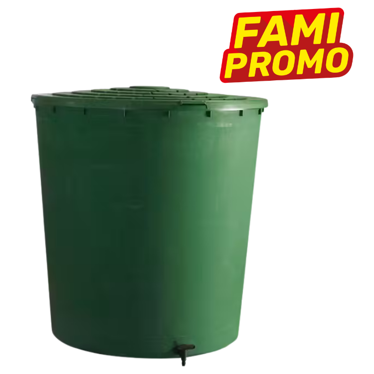 Large green plastic water butt with lid and tap for garden rainwater collection, FAMI PROMO label