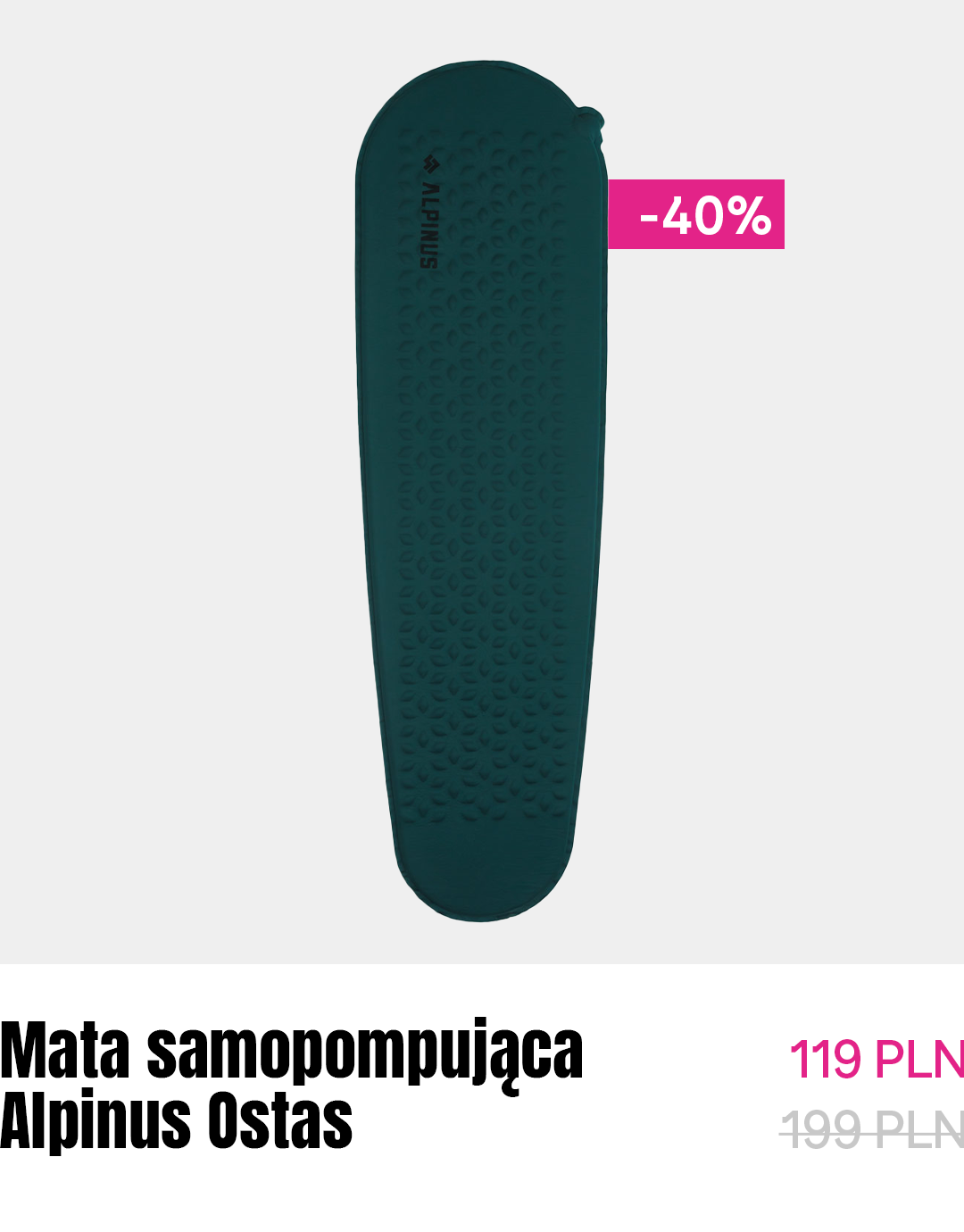 Teal Alpinus Ostas self-inflating sleeping mat, vertical view with textured surface and pink -40% sale badge