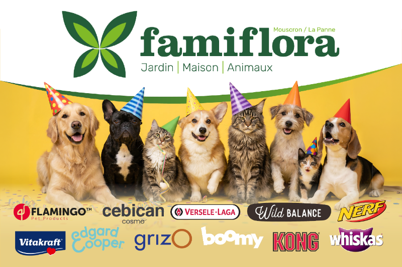 Famiflora banner: six dogs and three cats in party hats beneath logo and pet brand logos on yellow background