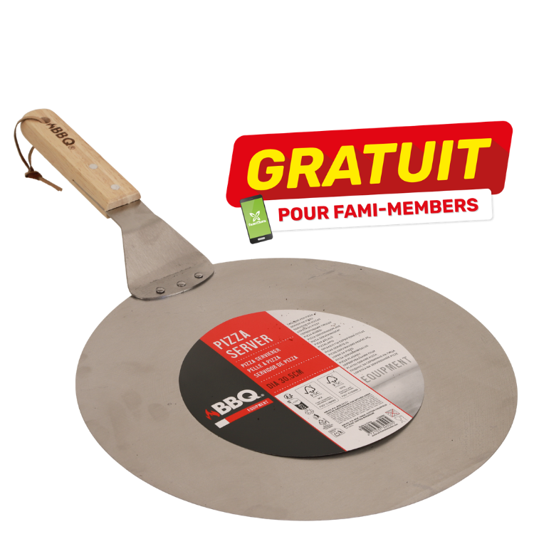 Stainless-steel pizza server peel with wooden handle and round 30.5 cm blade, product label and promotional 'GRATUIT' banner