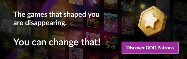 Banner showing a collage of classic game covers, a gold star patron badge and text encouraging people to support GOG Patrons