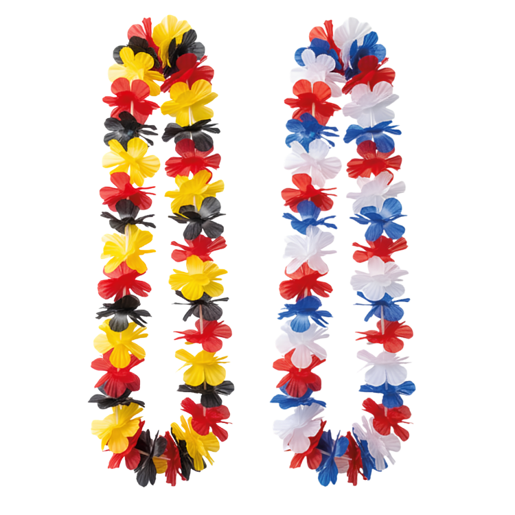 Two artificial Hawaiian leis hanging side by side — one in German flag colours (black, red, yellow) and one in red, white and blue