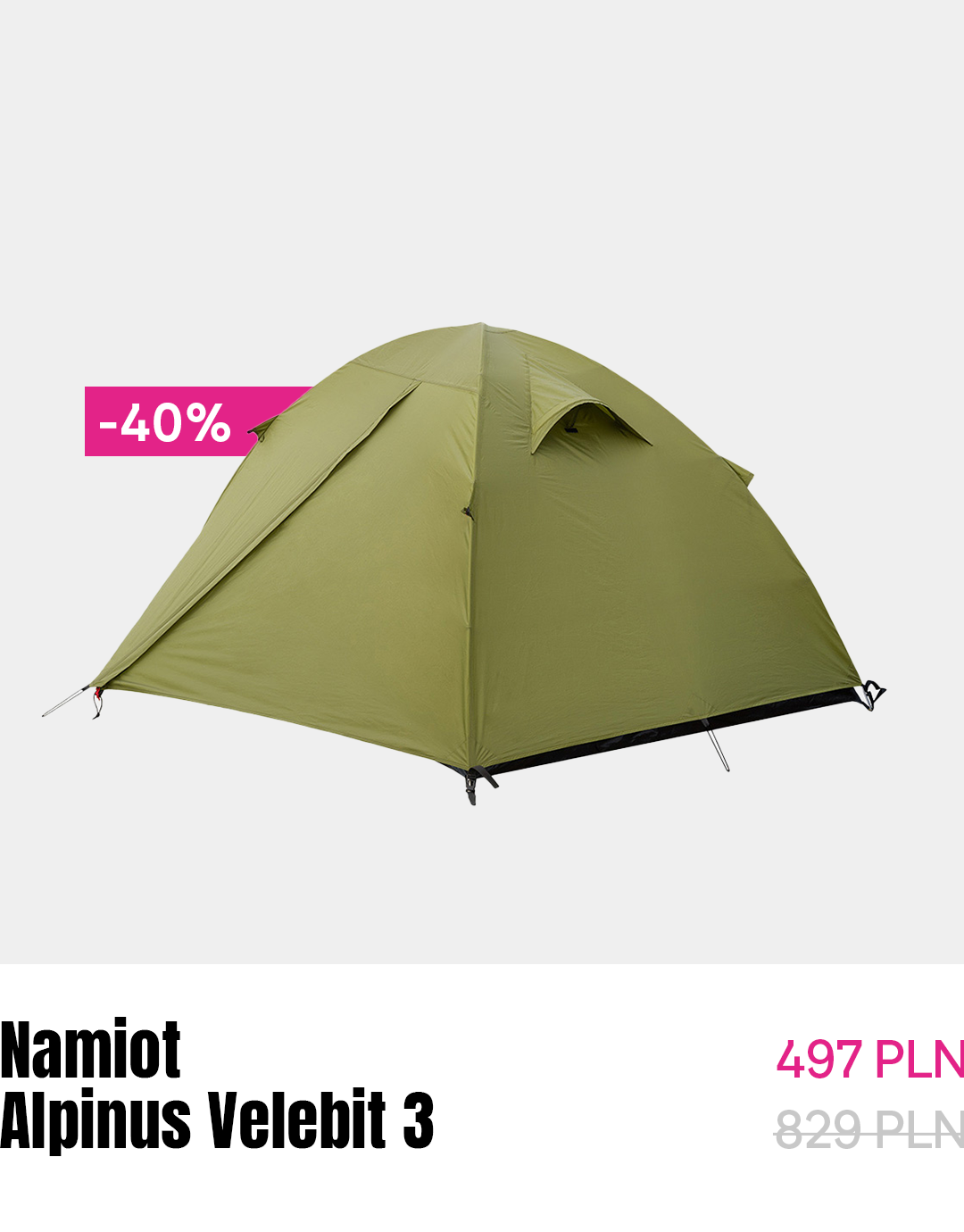 Green Alpinus Velebit 3 three-person camping tent on white background with pink -40% sale badge and price tag