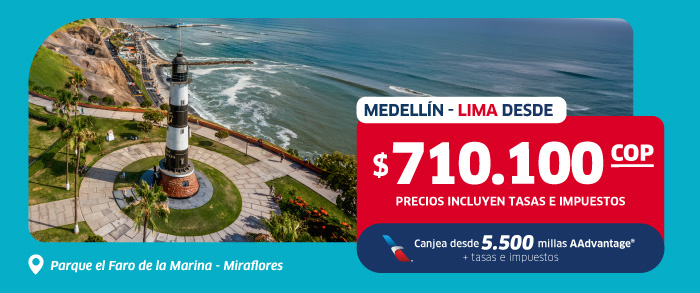 Aerial view of El Faro de la Marina lighthouse and Miraflores coastal park in Lima, Peru alongside a promotional fare display COP 710,100