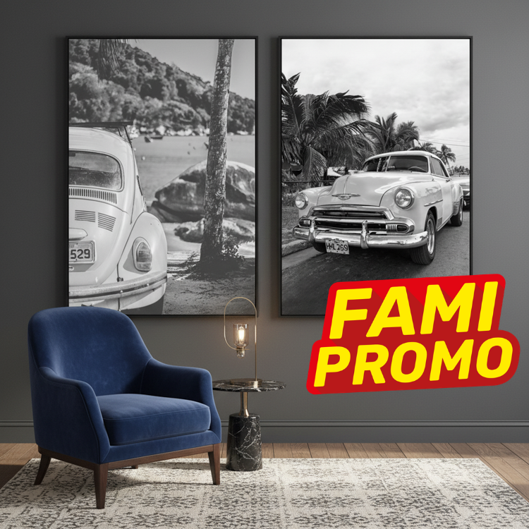 Contemporary living room with blue velvet armchair, side table and lamp, two black-and-white vintage car prints and 'FAMI PROMO' badge.