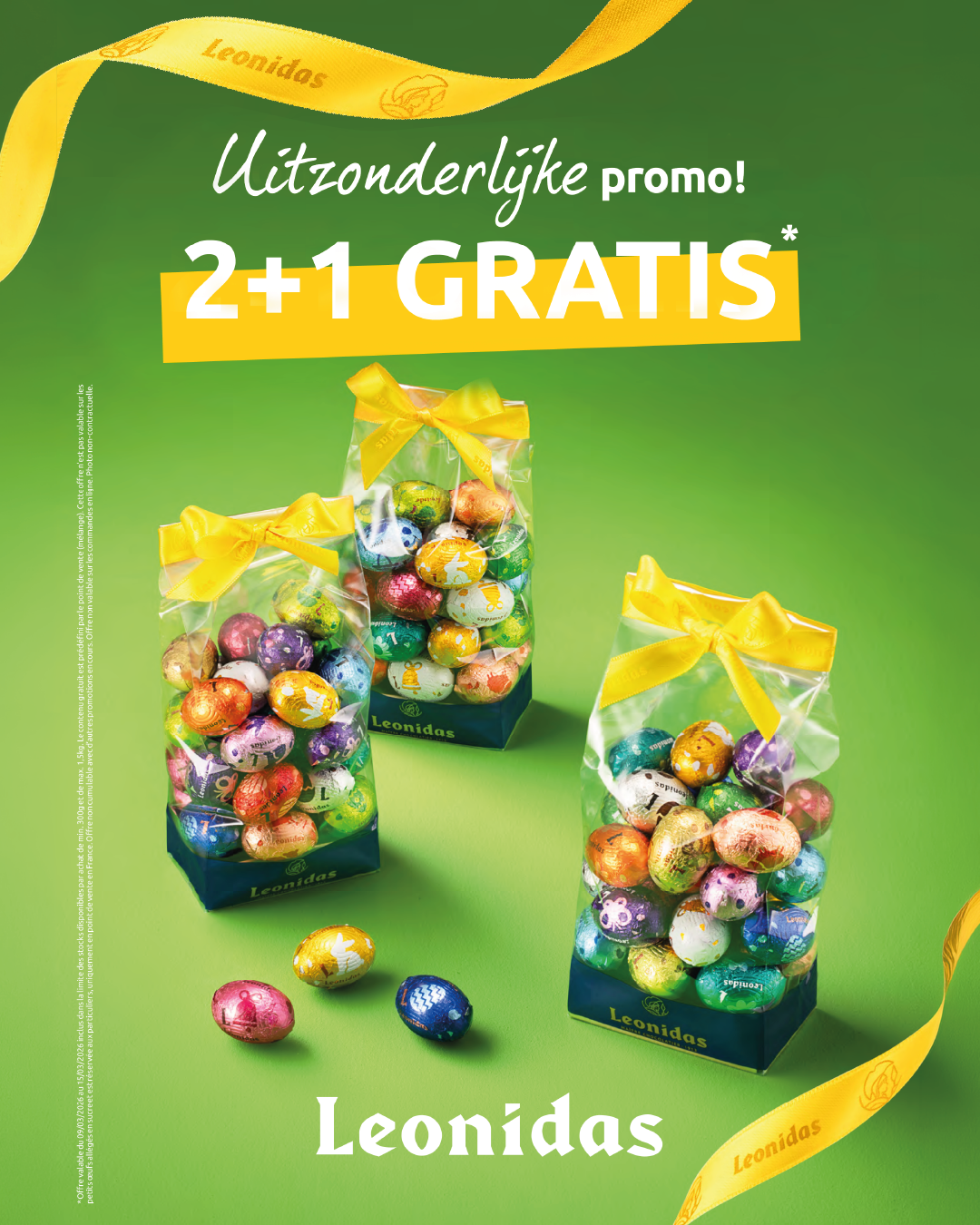 Three clear bags of colourful foil-wrapped Leonidas chocolate Easter eggs with yellow bows on a green background and promotional banner