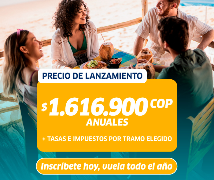 Four friends dining at a beach hut with tropical drinks; overlaid travel deal shows launch price COP 1,616,900 annual