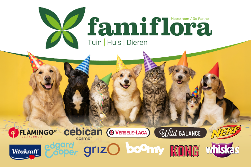Famiflora logo above a row of dogs and cats wearing party hats on a yellow background with pet brand logos
