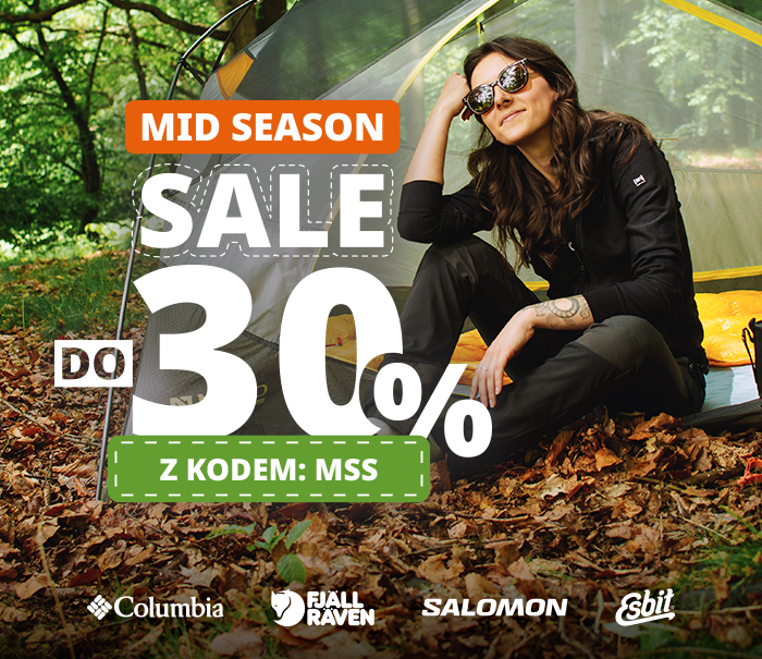 Promo banner: woman sitting by a tent in woodland among autumn leaves, 'Mid Season Sale up to 30% off with code MSS' and brand logos