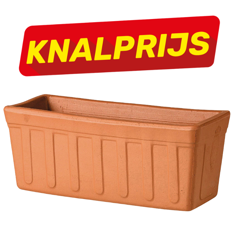 Rectangular terracotta window planter on white background with red 'Knalprijs' bargain tag
