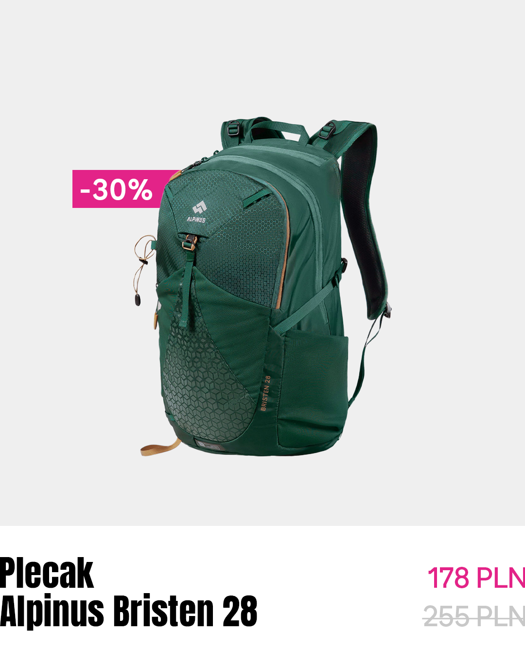 Green Alpinus Bristen 28-litre backpack with padded straps, multiple pockets and side bottle pocket, showing -30% sale tag