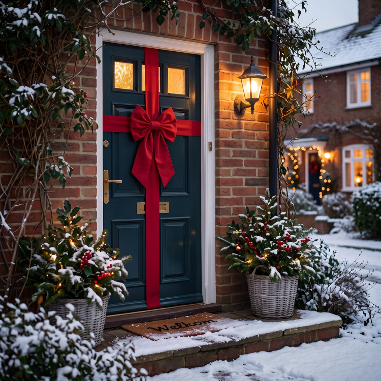 Snow-dusted brick front door wrapped with a large red bow, lit lantern and festive potted holly with fairy lights on a winter evening