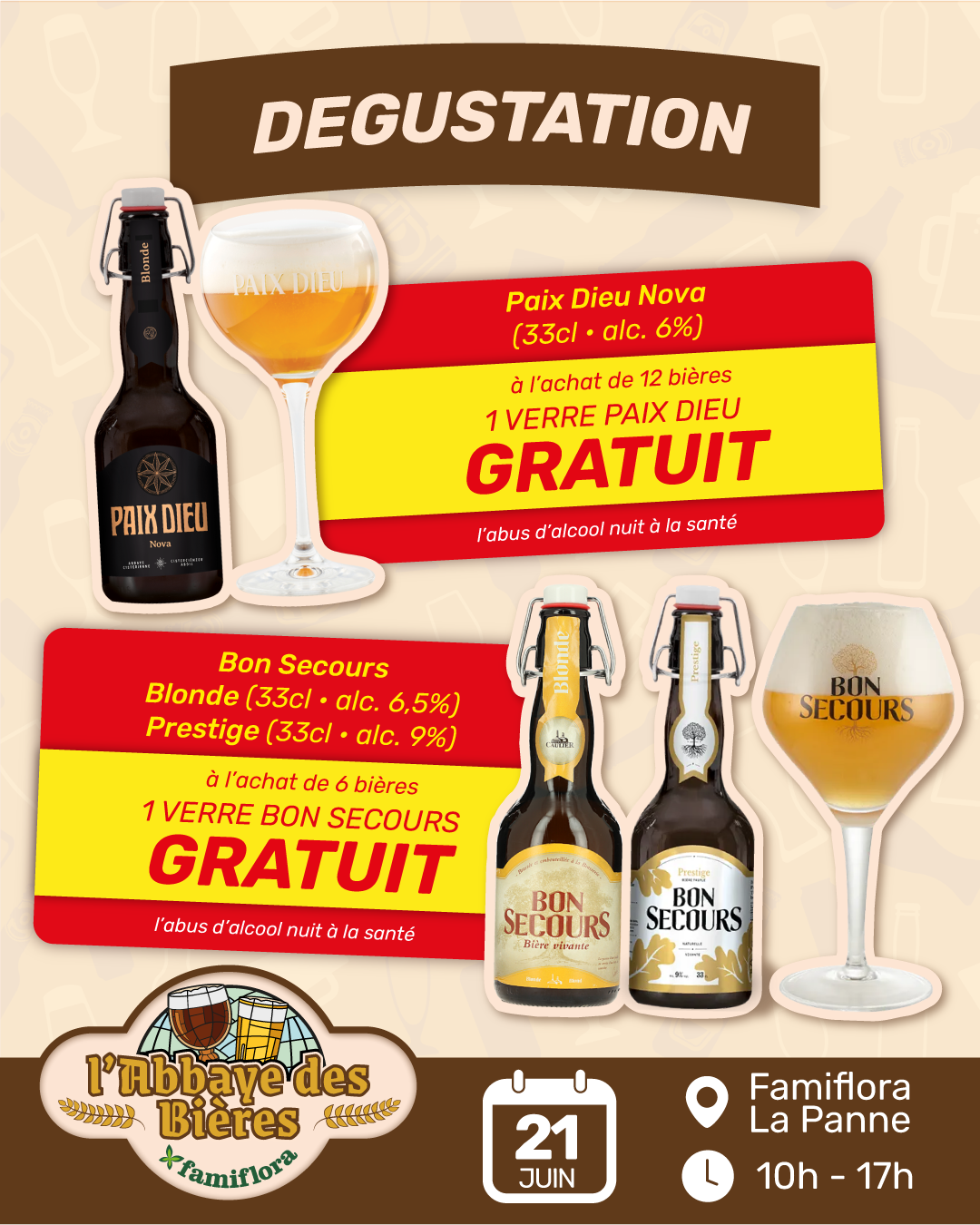 Promotional poster for beer tasting showing Paix Dieu and Bon Secours bottles and glasses, free glass offers, 21 June at Famiflora La Panne 10:00–17:00
