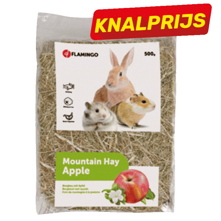 Five packs of Flamingo Mountain Hay (Apple, Chamomile, Dandelion & Marigold, Carrot) showing rabbit and small rodents on packaging with red 'Knalprijs' sale banners
