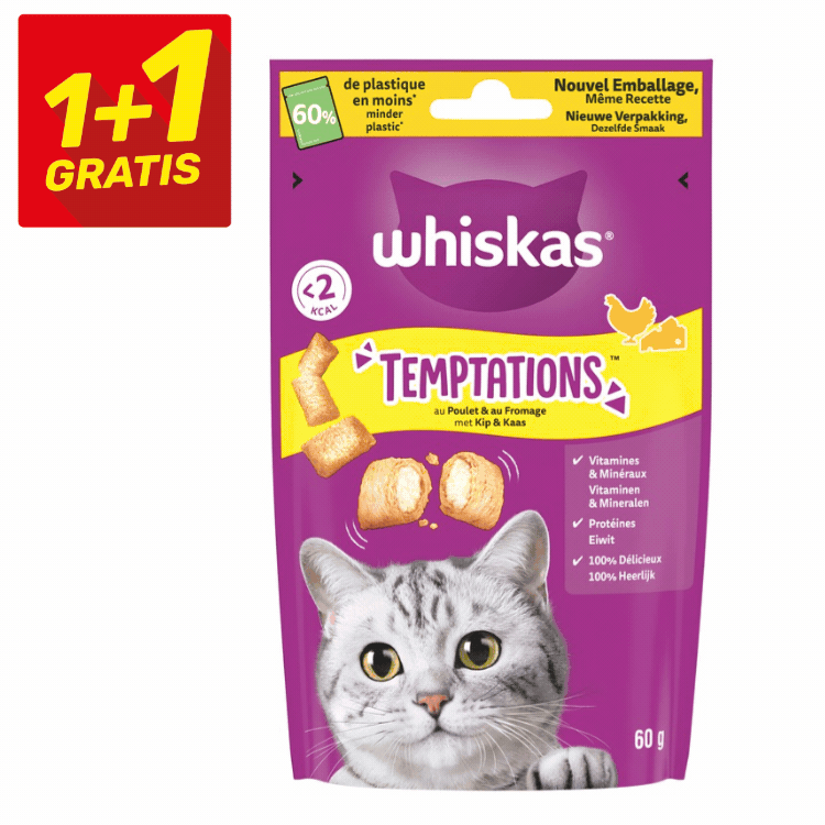 Grid of nine Whiskas Temptations cat treat pouches in various flavours with a prominent 1+1 Gratis promotional label
