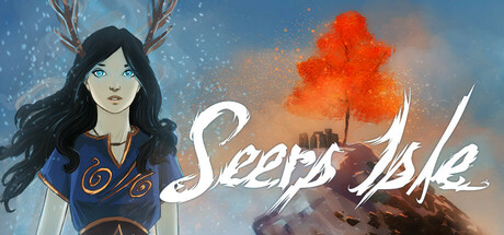 Blue-eyed woman with dark hair and antler-like branches beside a fiery red tree on a rocky islet, Seers Isle