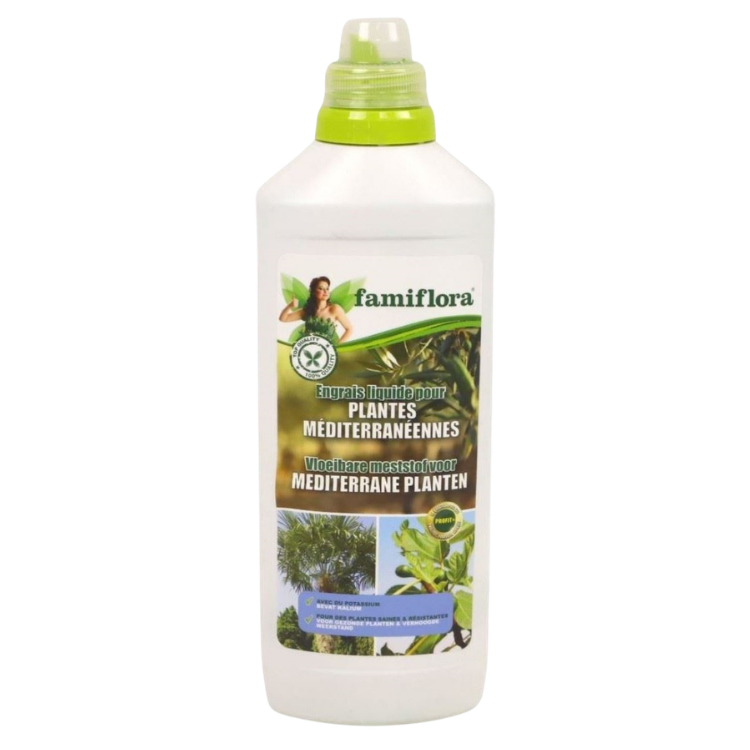 White bottle of Famiflora liquid fertiliser for Mediterranean plants with green cap and illustrated plant label