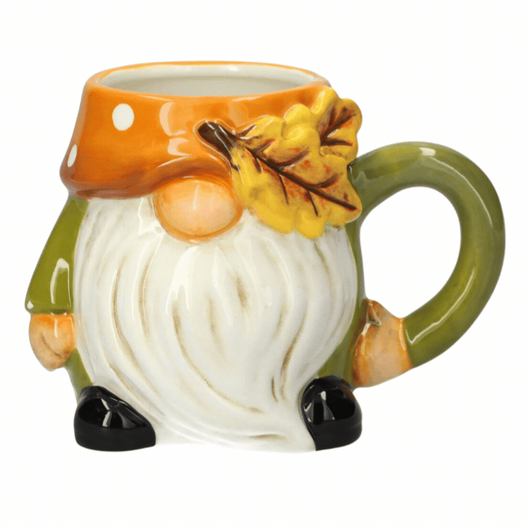 Nine ceramic autumn gnome mugs with green and orange leaf hats arranged in a 3x3 grid on a white background