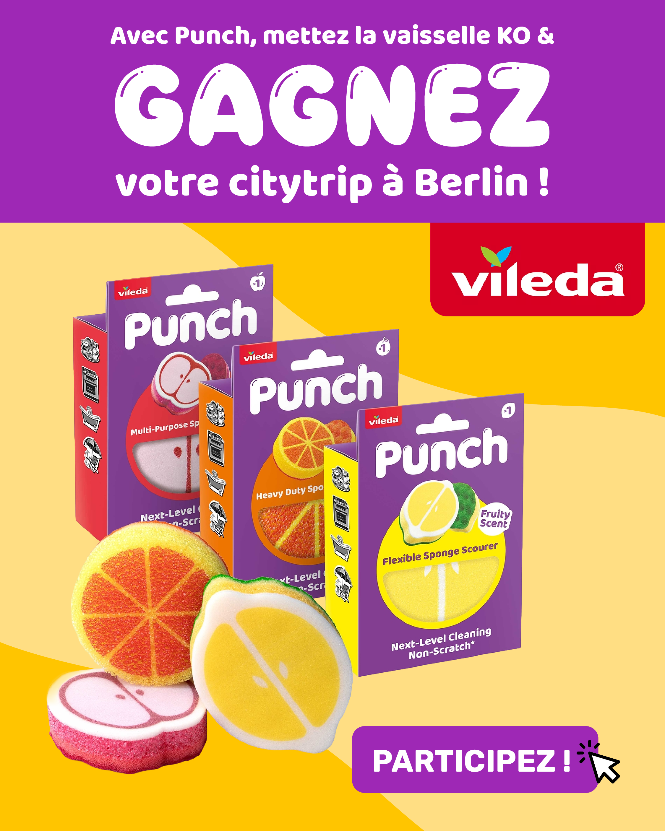 Vileda Punch citrus-shaped dish sponges and boxed sponge scourers in colourful fruity designs — enter to win a Berlin city trip