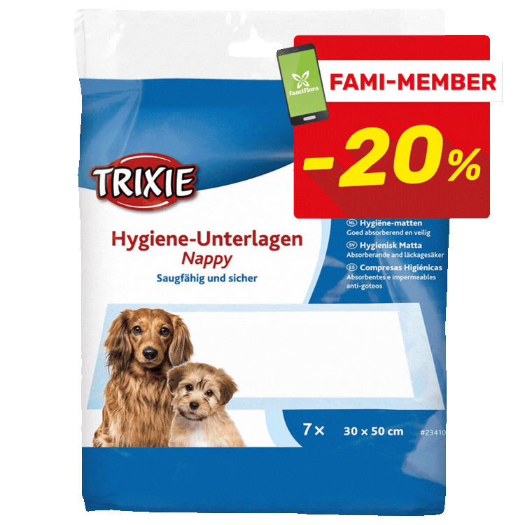 Trixie puppy hygiene pads packaging on white background with multiple -20% FAMI-MEMBER discount labels