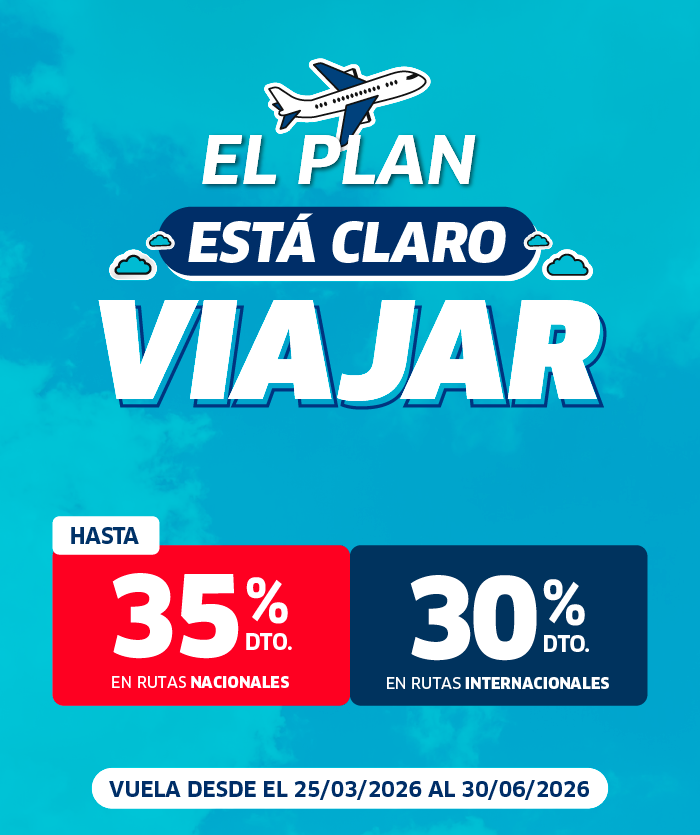 Promotional graphic: travel plan offering up to 35% off national routes and 30% off international routes, travel dates 25 Mar–30 Jun 2026