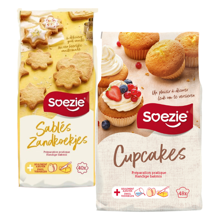 Two Soezie baking mix packets — Sablés (zandkoekjes) vanilla cookie mix and Cupcakes mix showing decorated cupcakes
