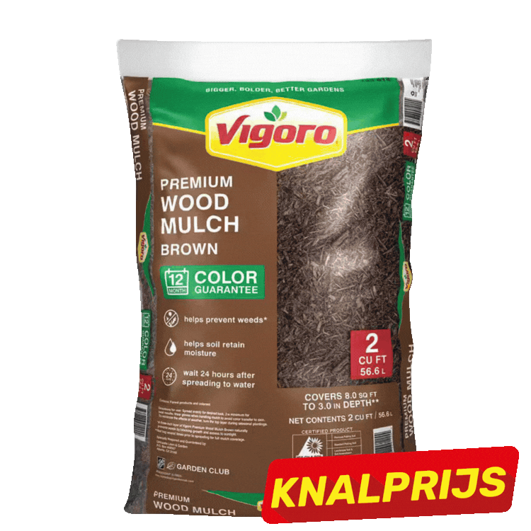 Three bags of Vigoro premium wood mulch (two brown, one black), 2 cu ft bags with colour guarantee and red "KNALPRIJS" sale labels