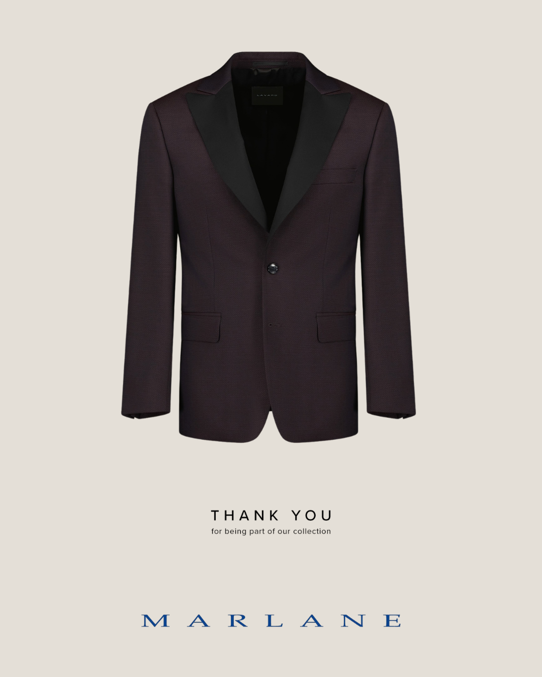 Men's dark burgundy single-button tuxedo jacket with black satin peak lapels and flap pockets, Marlane