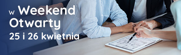 Banner showing people discussing floor plans on a tablet for an 'Open Weekend' event 25–26 April