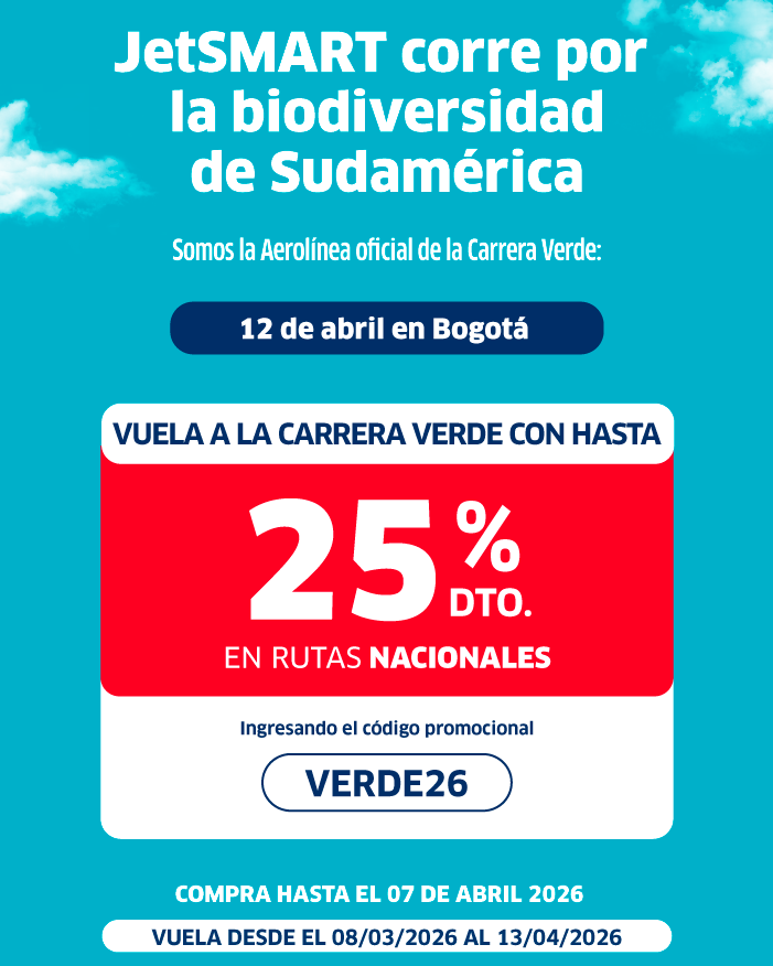 JetSMART ad: official airline of South American Green Race, 25% off national routes with code VERDE26; booking by 07 Apr 2026.