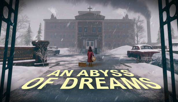 Girl in red coat with suitcase stands in snowy courtyard facing a large old asylum with cross; title 'AN ABYSS OF DREAMS' on snow