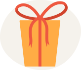 Yellow gift box with red ribbon and bow on a pale circular background