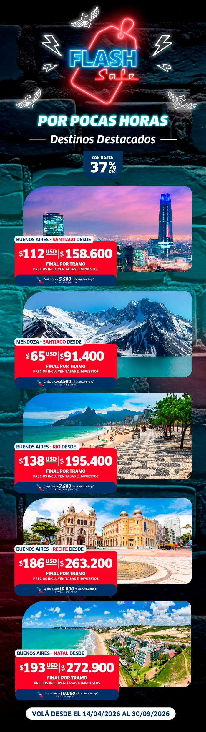 Neon 'Flash Sale' heart sign above 'Por pocas horas' banner showing highlighted destinations—city skyline, snowy mountains, beaches and historic architecture with discounted prices