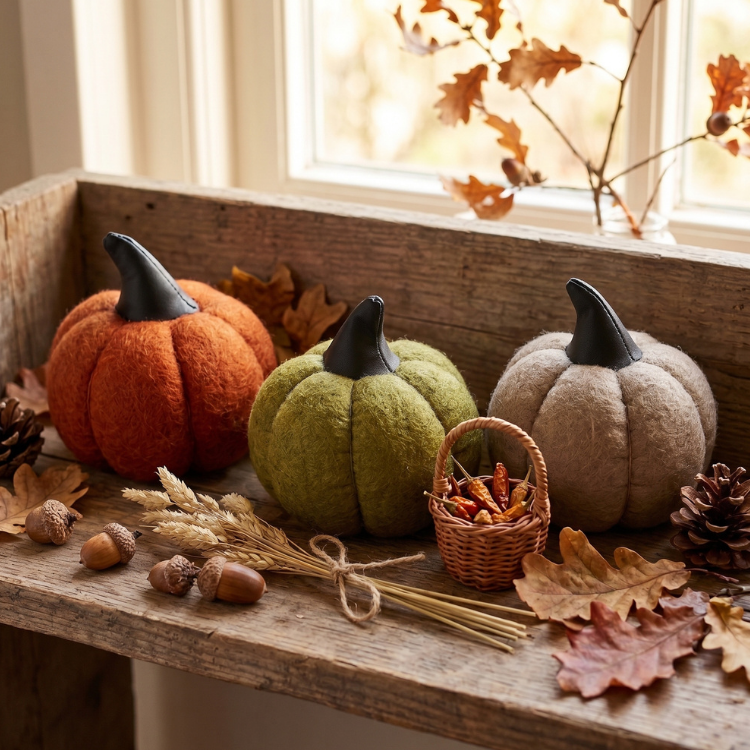 Three felt pumpkins (orange, green, beige) with black stems on a rustic windowsill, autumn leaves, acorns and wheat sheaf