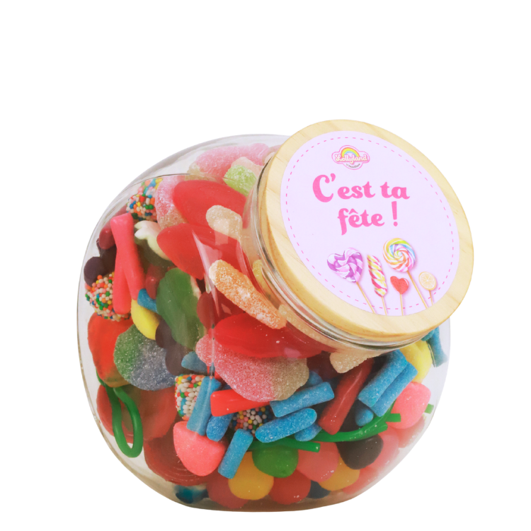 Glass jar of assorted colourful gummy sweets and lollipops with pink 'C'est ta fête!' label