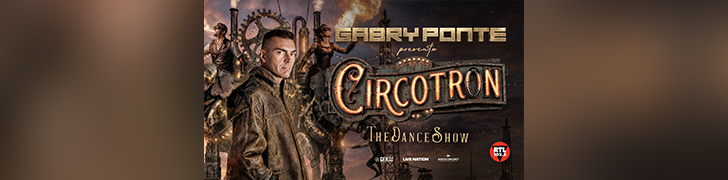Steampunk poster for 'Circotron: The Dance Show' featuring a man in a leather coat before large gears and logo.
