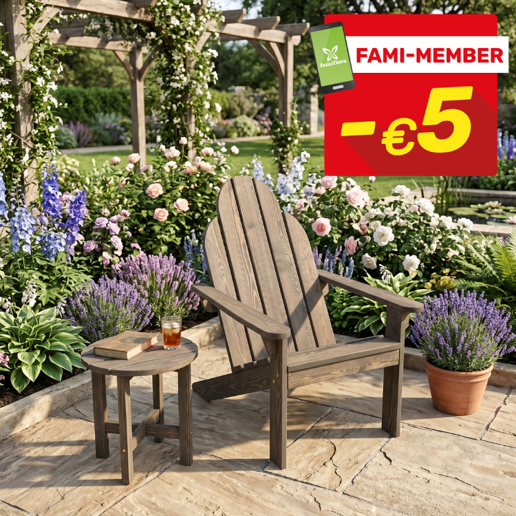 Wooden Adirondack chair and small table with book and iced drink on patio, flowering garden and pergola, red 'FAMI-MEMBER -€5' badge