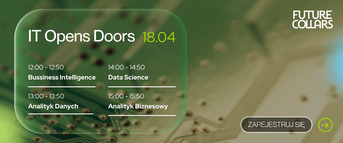 Future Collars 'IT Opens Doors' banner 18.04 showing schedule: BI, Data Science, Data & Business Analyst, with register button