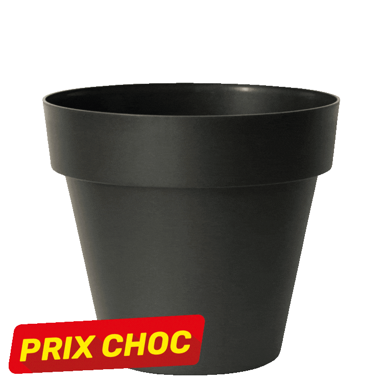 Seven plastic plant pots in assorted neutral colours (black, brown, grey, beige, green) each marked with a red "PRIX CHOC" sale label